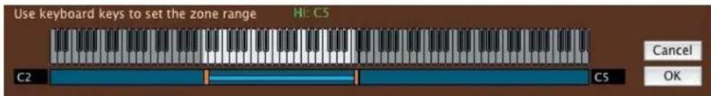 Use keyboard keys to set the zone range HI: C5 C2 C5 Cancel OK