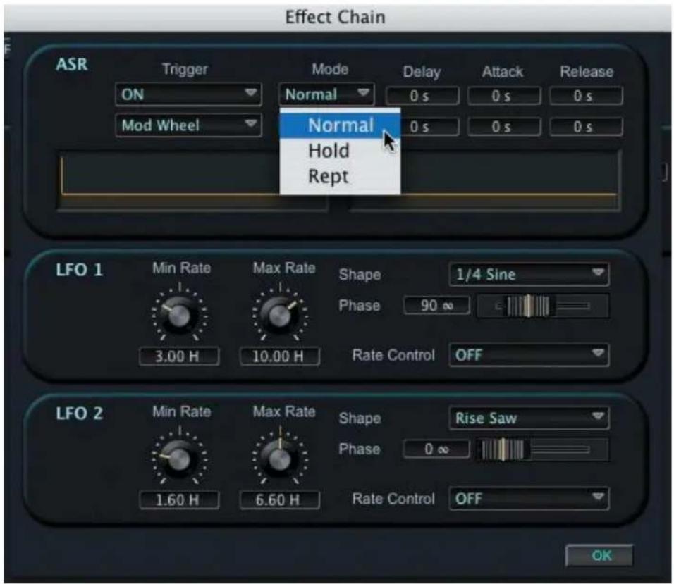 Effect Chain ASR Trigger ON Mod Wheel Mode Normal Hold Rept Delay 0 s 0 s 0 s Attack 0 s 0 s Release LFO 1 Min Rate 3.00 H Max Rate 10.00 H Shape Phase Rate Control 1/4 Sine 90 % OFF LFO 2 Min Rate 1.60 H Max Rate 6.60 H Shape Phase Rate Control Rise Saw 0 % OFF OK