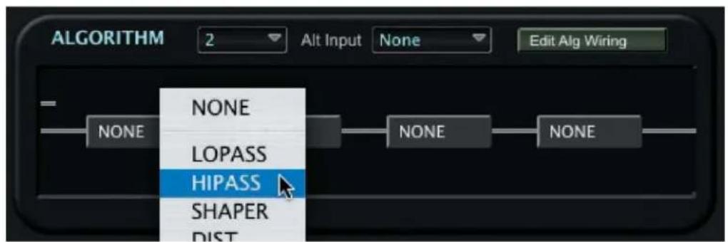 ALGORITHM 2 Alt Input None Edit Alg Wiring NONE NONE NONE NONE LOPASS HIPASS SHAPER DIST