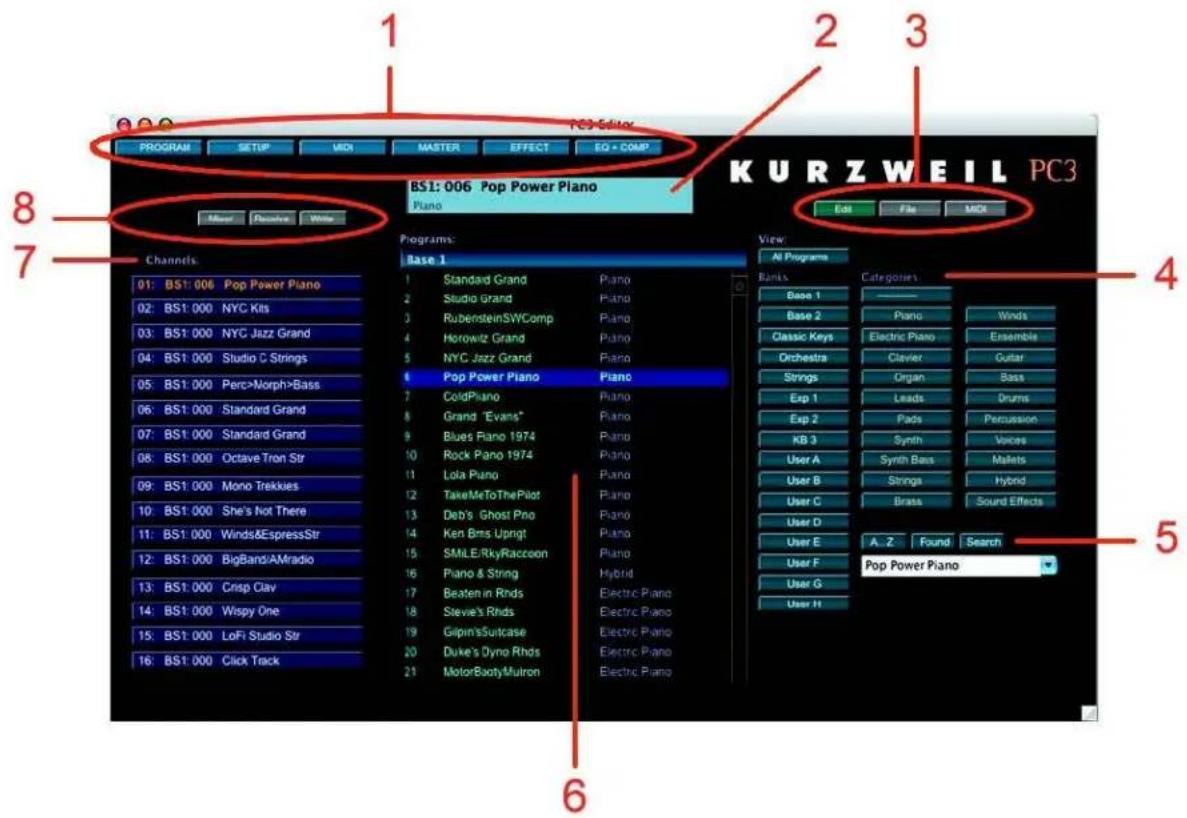 PROGRAM SETUP MIDI MASTER EFFECT EQ + COMP PC3 Editor BS1: 006 Pop Power Piano Piano KURZWEIL PC3 Edit File MIDI 8 7 Channels 01: BS1: 006 Pop Power Piano 02: BS1: 000 NYC Kits 03: BS1: 000 NYC Jazz Grand 04: BS1: 000 Studio C Strings 05: BS1: 000 Perc>Norph>Bass 06: BS1: 000 Standard Grand 07: BS1: 000 Standard Grand 08: BS1: 000 Octave Tron Str 09: BS1: 000 Mono Trekkies 10: BS1: 000 She's Knot There 11: BS1: 000 Winds&EspressStr 12: BS1: 000 BigBand/AMradio 13: BS1: 000 Crisp Clay 14: BS1: 000 Wispy One 15: BS1: 000 LoFi Studio Str 16: BS1: 000 Click Track Programs: Base 1 Standard Grand Piano Studio Grand Piano RubensteinSWComp Piano Horowitz Grand Piano NYC Jazz Grand Piano Pop Power Piano Piano ColdPiano Piano Grand "Evans" Piano Blues Piano 1974 Piano Rock Piano 1974 Piano Lola Piano Piano TakeMeToThePilot Piano Deb's Ghost Pro Piano Ken Brts Upngt Piano SMLE/RkyRaccoon Piano Piano & String Hybrid Beaten in Rrds Electric Piano Slevie's Rrds Electric Piano Gipin'sSuitcase Electric Piano Duke's Dyno Rrds Electric Piano MotorBoatyMultron Electric Piano View: AI Programs Banks CATEGORIES Base 1 Base 2 Piano Winds Classic Keys Electric Piano Ensemble Orchestra Clavier Guitar Strings Organ Bass Exp 1 Leads Drums Exp 2 Pads Percussion KB 3 Synth Voices User A Synth Bass Malets User B Strings Hybrid User C Brass Sound Effects User D A. Z Found Search User E User F Pop Power Piano User G User H