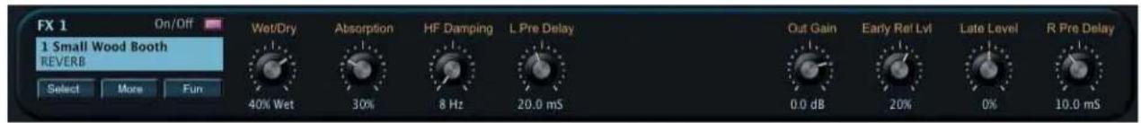 FX 1 On/Off 1 Small Wood Booth REVERB Select More Fun Wet/Dry Absorption HF Damping L Pre Delay 40% Wet 30% 8 Hz 20.0 mS Out Gain Early Rel Lvl Late Level R Pre Delay 0.0 dB 20% 0% 10.0 mS