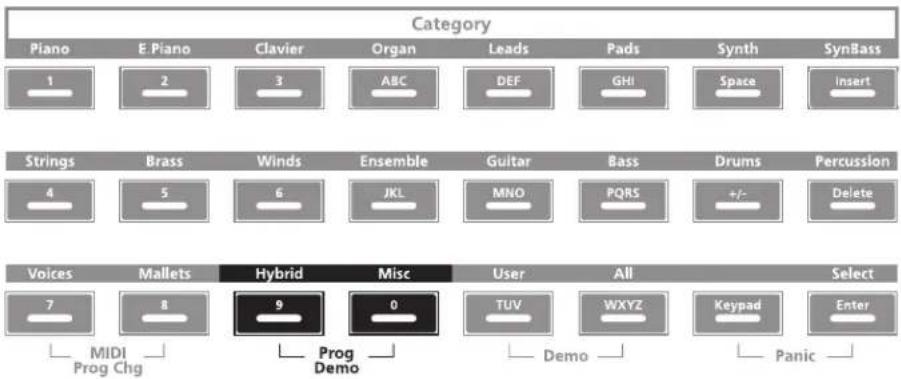 Category Piano E Piano Clavier Organ Leads Pads Synth SynBass 1 2 3 ABC DEF GHISpace Insert Strings Brass Winds Ensemble Guitar Bass Drums Percussion 4 5 6 JKL MNO PQRS +/- Delete Voices Mallets Hybrid Misc User All Select 7 8 9 0 TUV WXYZ Keypad Enter MIDI Prog Chg Prog Demo Demo Panic
