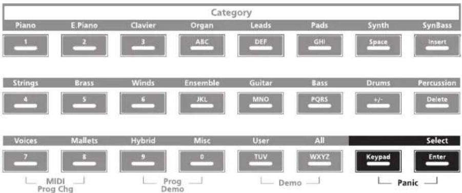 Category Piano E.Piano Clavier Organ Leads Pads Synth SynBass 1 2 3 ABC DEF GHI Space Insert Strings Brass Winds Ensemble Guitar Bass Drums Percussion 4 5 6 JKL MNO PQRS +/- Delete Voices Mallets Hybrid Misc User All Select 7 8 9 0 TUV WXYZ Keypad Enter MIDI Prog Chg Prog Demo Demo Panic
