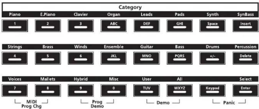Category Piano E.Piano Clavier Organ Leads Pads Synth SynBass 1 2 3 ABC DEF GHISpace Insert Strings Brass Winds Ensemble Guitar Bass Drums Percussion 4 5 6 JKL MNO PQRS +/- Delete Voices Mallets Hybrid Misc User All Select 7 8 9 0 TUV WXYZ Keypad Enter Mali Prog Chg Prog Demo Demo Panic