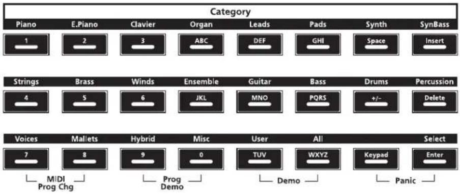 Category Piano E.Piano Clavier Organ Leads Pads Synth SynBass 1 2 3 ABC DEF GHISpace Insert Strings Brass Winds Ensemble Guitar Bass Drums Percussion 4 5 6 JKL MNO PQRS +/- Delete Voices Mallets Hybrid Misc User All Select 7 8 9 0 TUV WXYZ Keypad Enter MIDI Prog Chg Prog Demo Demo Panic