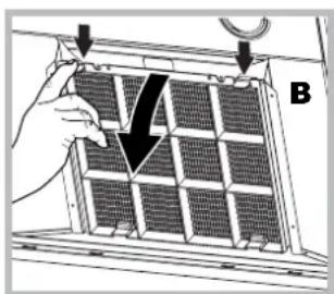 Diagram of a hand installing or adjusting a grid panel on a device, with arrows indicating the process (no text or symbols present)