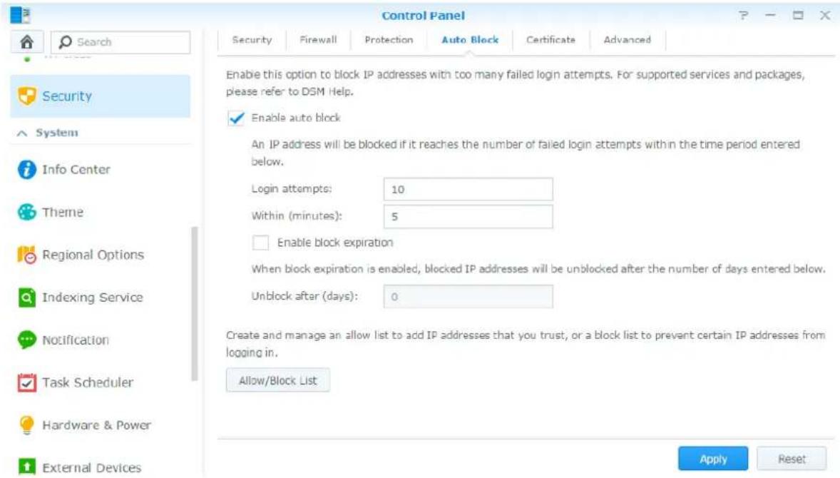SYNOLOGY RackStation RS815+ - Blocage automatique des tentatives de connexions douteuses - 1