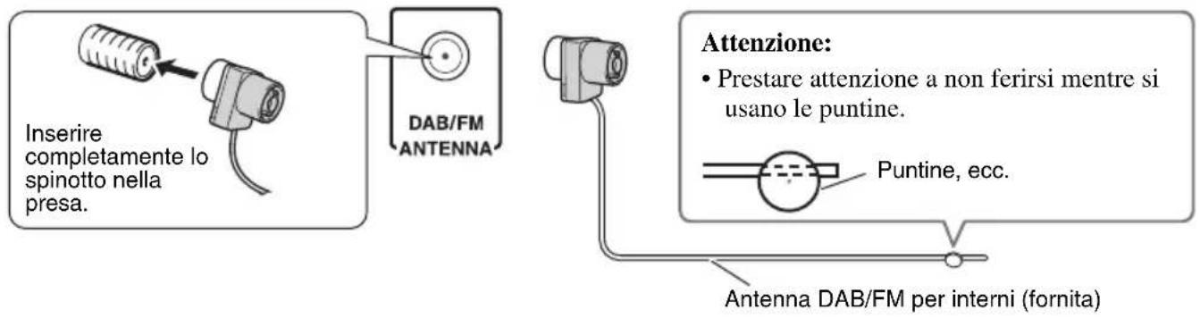 Inserire completamente lo spinotto nella presa. DAB/FM ANTENNA Attenzione: • Prestare attenzione a non ferirsi mentre si usano le puntine. Puntine, ecc. Antenna DAB/FM per interni (fornita)