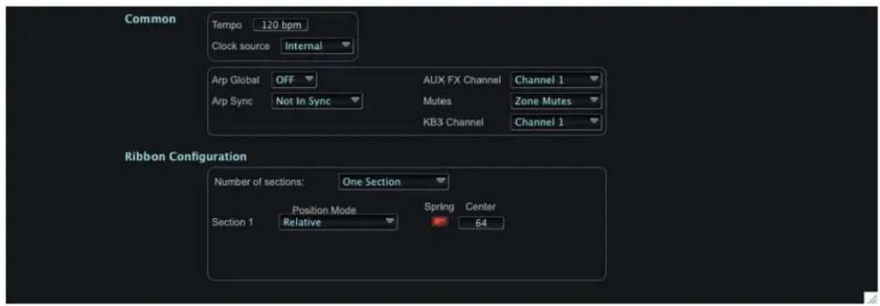 Common Tempo 120 bpm Clock source Internal Arp Global OFF AUX FX Channel Channel 1 Arp Sync Not In Sync Mutes Zone Mutes KB3 Channel Channel 1 Ribbon Configuration Number of sections: One Section Section 1 Position Mode Spring Center Relative 64