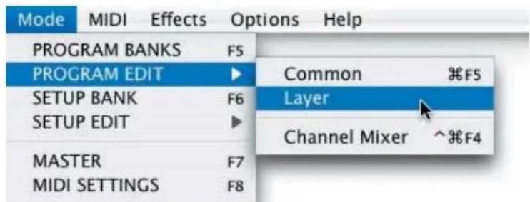 Mode MIDI Effects Options Help PROGRAM BANKS F5 PROGRAM EDIT ▶ Common ⌘F5 SETUP BANK F6 Layer SETUP EDIT ▶ Channel Mixer ^⌘F4 MASTER F7 MIDI SETTINGS F8