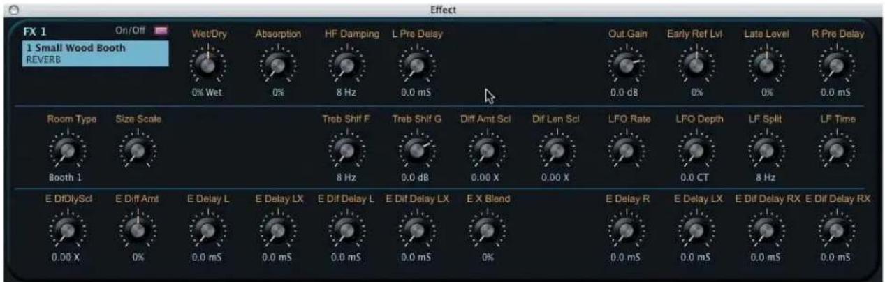 FX 1 On/Off 1 Small Wood Booth REVERB Wet/Dry Absorption HF Damping L Pre Delay 0% Wet 0% 8 Hz 0.0 mS Room Type Size Scale Treb Shift F Treb Shift G Diff Amt Scl Dif Len Scl LFO Rate LFO Depth LF Split LF Time Booth 1 8 Hz 0.0 dB 0.00 X 0.00 X 0.0 CT 8 Hz E DfDlyScl E Diff Amt E Delay L E Delay LX E Dif Delay L E Dif Delay LX E X Blend E Delay R E Delay LX E Dif Delay RX E Dif Delay RX 0.00 X 0% 0.0 mS 0.0 mS 0.0 mS 0.0 mS