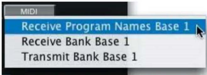 MIDI Receive Program Names Base 1 Receive Bank Base 1 Transmit Bank Base 1
