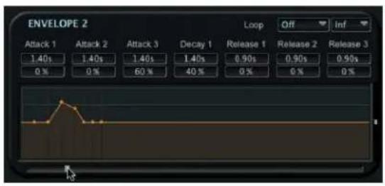 ENVELOPE 2 Loop Off Inf Attack 1 Attack 2 Attack 3 Decay 1 Release 1 Release 2 Release 3 1.40s 1.40s 1.40s 1.40s 0.90s 0.90s 0.90s 0% 0% 60% 40% 0% 0% 0%