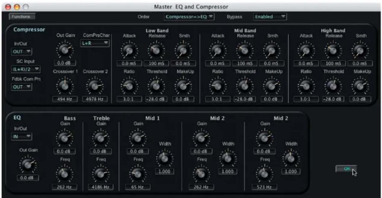 Master EQ and Compressor Functions Order Compressor=>EQ Bypass Enabled Compressor In/Out OUT SC Input (L+R)/2 Fdbk Com Prs OUT Out Gain L+R 0.0 dB Crossover 1 Crossover 2 494 Hz 4978 Hz Attack Attack Low Band Release Smith 0.0 mS 100 mS 0.0 mS Ratio Threshold MakeUp 3.0:1 -28.0 dB 0.0 dB Mid Band Release Smith 0.0 mS 100 mS 0.0 mS Ratio Threshold MakeUp 3.0:1 -28.0 dB 0.0 dB High Band Release Smith 0.0 mS 100 mS 0.0 mS Ratio Threshold MakeUp 3.0:1 -28.0 dB 0.0 dB EQ In/Out IN Bass Gain Treble Gain Mid 1 Gain Width Mid 2 Gain Width Out Gain Freq Freq Freq 1.000 Freq 1.000 262 Hz 4186 Hz 65 Hz 262 Hz Mid 2 Gain Width Freq 1.000 523 Hz