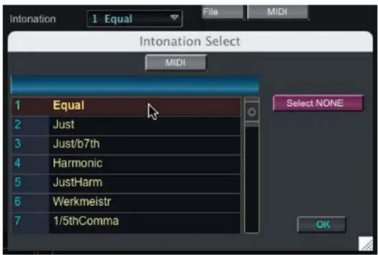 Intonation Select 1 Equal File MIDI MIDI 1 Equal 2 Just 3 Just/b7th 4 Harmonic 5 JustHarm 6 Werkmeistr 7 1/5thComma Select NONE OK