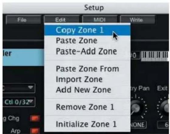 Setup File Edit MIDI Write Copy Zone 1 Paste Zone Paste-Add Zone Paste Zone From Import Zone Add New Zone Remove Zone 1 Initialize Zone 1