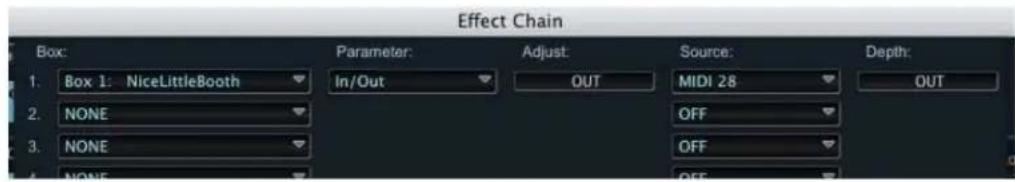Effect Chain Box: 1. Box 1: NiceLittleBooth 2. NONE 3. NONE Parameter: In/Out Adjust: OUT Source: MIDI 28 OFF OFF Depth: OUT