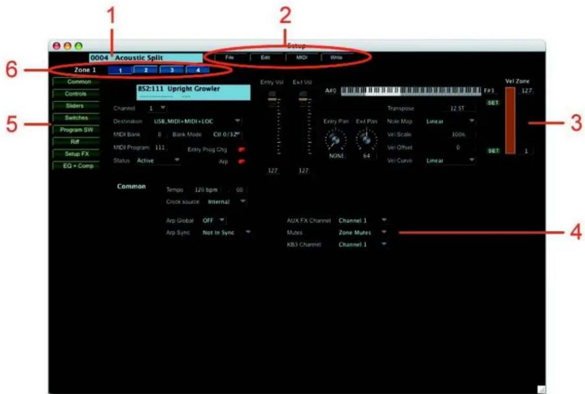 0004 Acoustic Split File Edit MIDI Write Zone 1 1 2 3 4 Common Controls Stiders Switches Program SW Riff Setup FX EQ + Comp BS2:111 Upright Growler Channel 1 Destination USB MIDI+MIDI+LOC MIDI Bank 0 Bank Mode CBI 0/37# MIDI Program 111 Entry Prog Chg Status Active Arp Entry Vol Exit Vol A#0 Transpose 12.5T Entry Pan Exit Pan Note Map Linear None 64 Vel Scale 100% Vel Offset 0 Vel Curve Linear SET Vel Zone 127 Common Tempo 120 bpm 00 Clock source Internal Arp Global OFF AUX FX Channel Channel 1 Arp Sync Not in Sync Mutes Zone Mutes KB3 Channel Channel 1 4