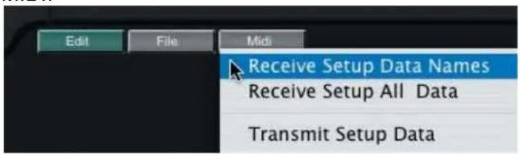 Edit File Midi Receive Setup Data Names Receive Setup All Data Transmit Setup Data