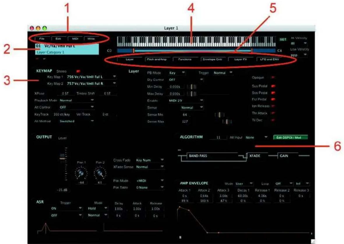 1 File Edit MIDI Write 01 Vc/Va/Vnll Full L Layer Category 1 2 3 4 5 6 Layer 1 SET H: Velocity Hf Low Velocity LFP Layer Pitch and Amp Functions Envelope Grid Layer FX LFO and ENV KEYMAP Stereo Key Map 1 756 Vc/Va/Vnll Full L Key Map 2 757 Vc/Va/Vnll Full R XPose 0.5T Timbro Shift 0.5T Playback Mode Normal Alt Control OFF KeyTrack 100 ct; key Vel Track - 0 ct Alt Method Switched Layer PB Mode Key Trigger Normal Optique Sus Pedal Sus Pedal Tiz Pedal Ion Release Thr Attack Til Dec Score MIDI 29 Sense Normal Sense Min 64 Sense Max 127 OUTPUT Level ALGORITHM 11 Alt Input None Edit DSPo / Mod BAND PASS XFADE GAIN AMP ENVELOPE Mode User Loop Off Ind -15 dB Attack 1 Attack 2 Attack 3 Decay 1 Release 1 Release 2 Release 3 0 s 0.64s 3.08s 60.00s 4.16s 0 s 0 s 89 % 100 % 87 % 0 % 0 % 0 % ASR Trigger Mode Delay Attack Release ON Hold 1.00s 1.00s 1.00s OFF Normal 0 s 0 s 0 s