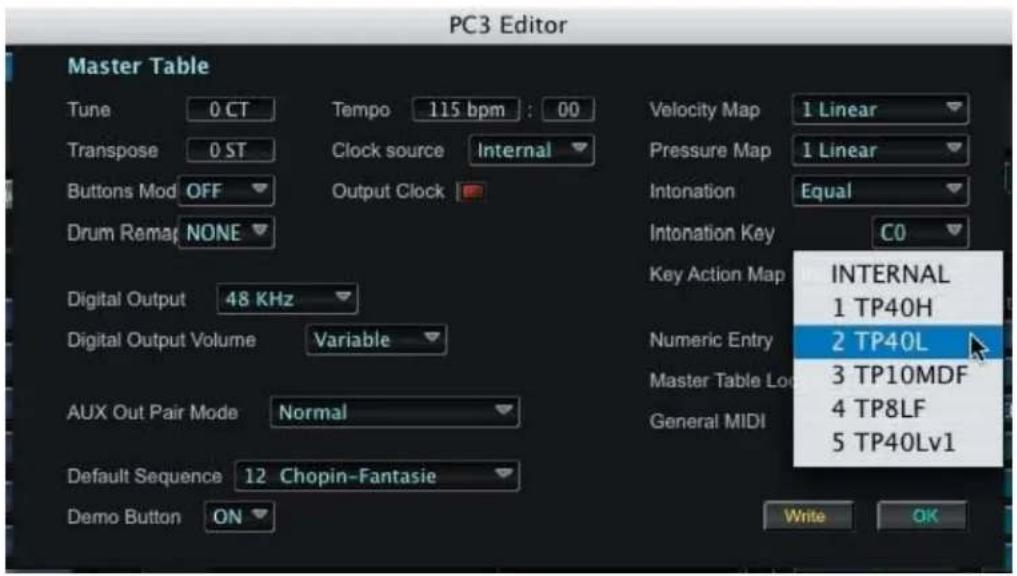 PC3 Editor Master Table Tune 0 CT Tempo 115 bpm : 00 Velocity Map 1 Linear Transpose 0 ST Clock source Internal Pressure Map 1 Linear Buttons Mod OFF Output Clock Intonation Equal Drum Remap NONE Intonation Key C0 Digital Output 48 KHz Key Action Map Digital Output Volume Variable Numeric Entry Aux Out Pair Mode Normal Master Table Lo Default Sequence 12 Chopin-Fantasie General MIDI Demo Button ON Write OK INTERNAL 1 TP40H 2 TP40L 3 TP10MDF 4 TP8LF 5 TP40Lv1