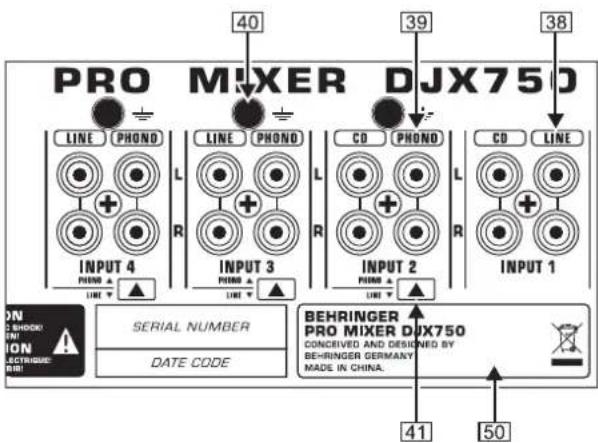 PRO MIXER DJX750 LINE PHOND L R INPUT 4 LINE PHOND L R INPUT 3 LINE PHOND L R INPUT 2 LINE PHOND L R INPUT 1 LINE PHOND L R SERIAL NUMBER DATE CODE BEHRINGER PRO MIXER DJX750 CONCERNED AND DESIGNED BY BEHRINGER GERMANY MADE IN CHINA. 40 39 38 41 50