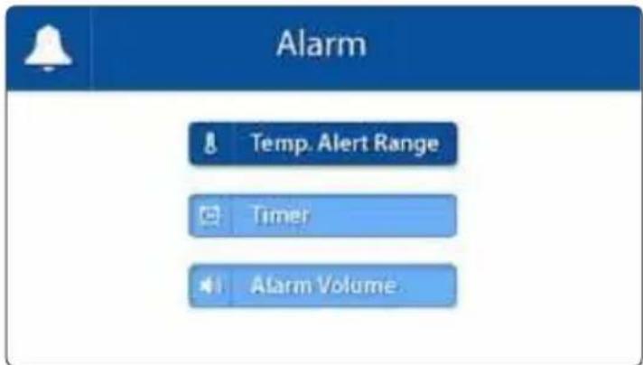 Alarm Temp. Alert Range Timer Alarm Volume.