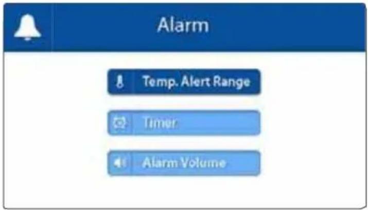 Alarm Temp. Alert Range Timer Alarm Volume