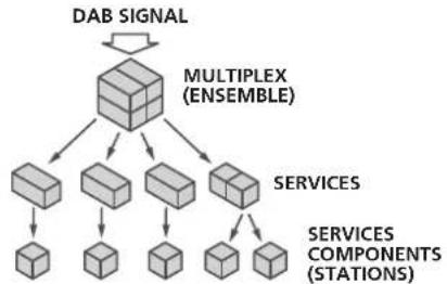 graph TD A["DAB SIGNAL"] --> B["MULTIPLEX (ENSEMBLE)"] B --> C["SERVICES"] C --> D["SERVICES COMPONENTS (STATIONS)"] C --> E["Single Service"] C --> F["Multi-Service"] C --> G["Single Service"] C --> H["Multi-Service"]