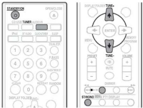 STANDBY/ON OPEN/CLOSE CD USB TUNER AUDIO IN iPod BT AUDIO CLOCK/TIVER SLEEP EQUALizer 1 2 3 P.BASS 4 5 6 BAS/PERLE 7 8 9 CLEAR REPEAT RANDOM 0 DISPLAY FOLDER TUNE+ DISPLAY FOLDER TUNE+ ENTER MENU MEMORY PROGRAM TUNE- VOLUME + MUTE - - DMMER - 11 STIMONO FORM PTY DISPLAY
