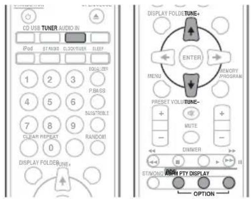 CD USB TUNER AUDIO IN iPod STANDO CLOCK/TIME SLEEP DOUG/200 1 2 3 P.BASS 4 5 6 RABSTRELE 7 8 9 CLEAR REPEAT RANDOM 0 DISPLAY FOLDETUNE+ DISPLAY FOLDETUNE+ ENTER MENU MEMORY PROGRAM PRESET VOLT/TUNE- + MUTE - DIMMER STMOND ROM PTY DISPLAY OPTION