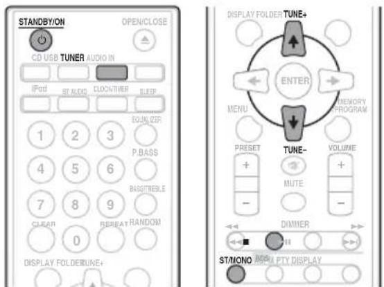 STANDBY/ON OPEN/CLOSE CD USB TUNER AUDIO IN iPod ST AUDIO CLOCK/TIME SLER EQUIL CER 1 2 3 P.BASS 4 5 6 BASSETTRELE 7 8 9 CLEAR REBEAT RANDOM 0 DISPLAY FOLDERUNE+ DISPLAY FOLDER TUNE+ ENTER MENU MEMORY PROGRAM TUNE- VOLUME + MUTE - DIMMER ST/MONO INFOA PTY DISPLAY