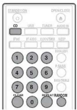 STANDBYON OPEN/CLOSE CD USB TUNER AUDIO IN IPoD ST AUDIO CLOCKTIMER SLEEP 1 2 3 4 5 6 7 8 9 CLEAR 0 REPEAT RANDOM EQUALizer P.BASS BASITIBLE