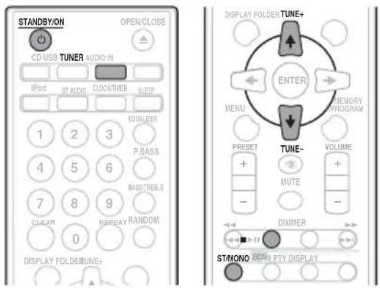 STANDBY/ON OPEN/CLOSE CD USB TUNER AUDIO IN IFog ST AUDIO CLOCK/TIVER BEEP EQUILER 1 2 3 P.BASS 4 5 6 BAS/TREBLE 7 8 9 CLEAR REBEAT RANDOM 0 DISPLAY FOLDE/MUNE+ DISPLAY FOLDER TUNE+ ENTER MENU MEMORY PROGRAM TUNE- VOLUME + MUTE - - DIMMER ST/MONO HIGH PTY DISPLAY