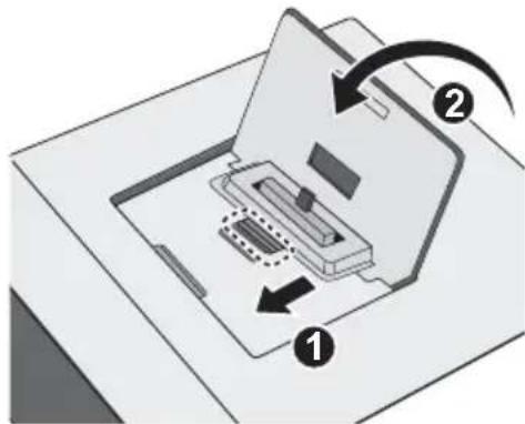 Diagram showing a device with labeled components and directional arrows indicating movement or flow.