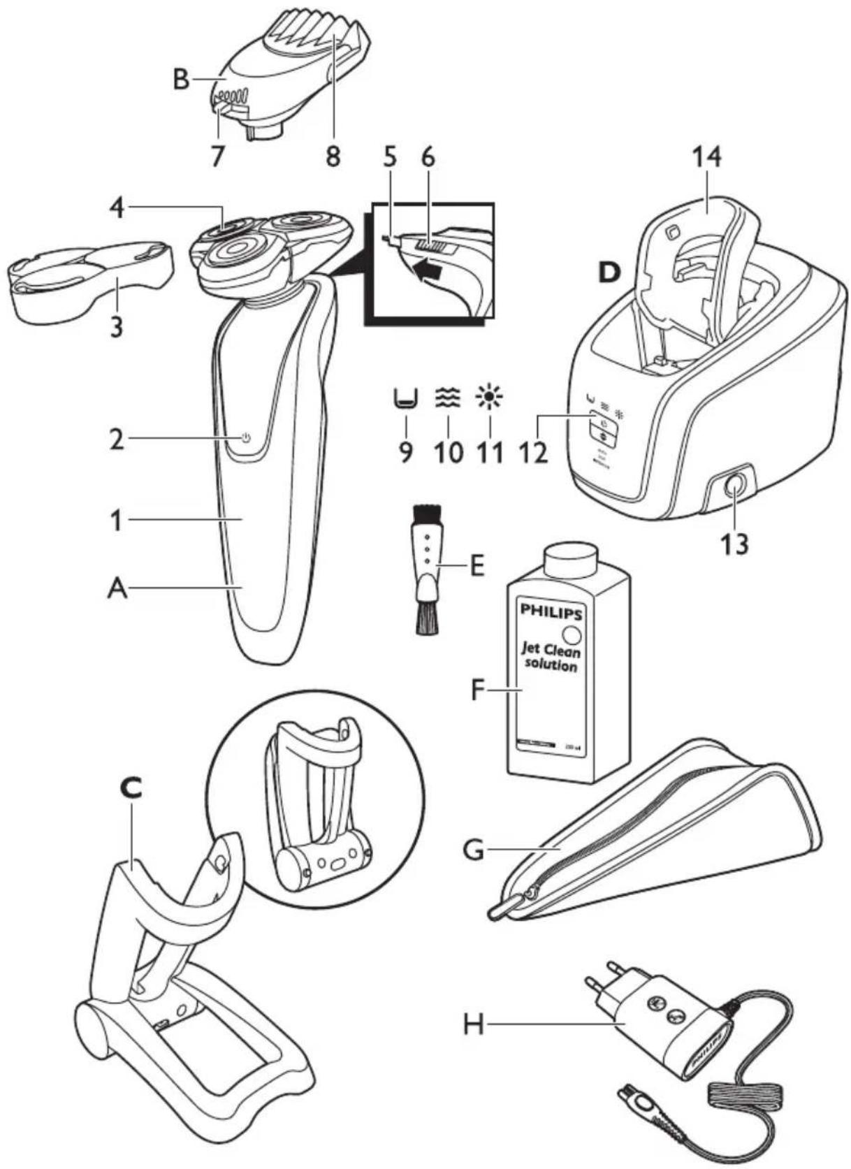 Technical diagram of a hair dryer with labeled parts and component numbers