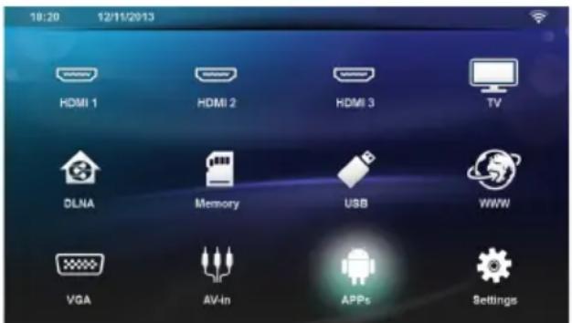 18:20 12/11/2013 HDMI 1 HDMI 2 HDMI 3 TV DLNA Memory USB WWW VGA AV-In APPs Settings