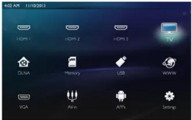 4:02 AM 11/10/2013 HDMI 1 HDMI 2 HDMI 3 TV DLNA Memory USB WWW VGA AW-in APPs Settings