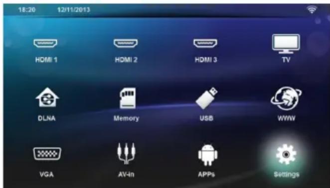 18:20 12/11/2013 HDMI 1 HDMI 2 HDMI 3 TV DLNA Memory USB WWW VGA AV-In APPs Settings