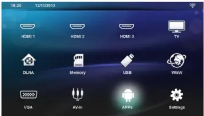 18:20 12/11/2013 HDMI 1 HDMI 2 HDMI 3 TV DLNA Memory USB WWW VGA AV-in APPs Settings