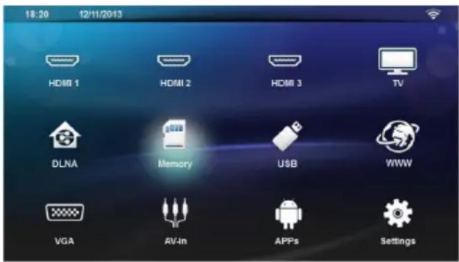 18:20 12/11/2013 HDMI 1 HDMI 2 HDMI 3 TV DLNA Memory USB WWW VGA AV-In APPs Settings