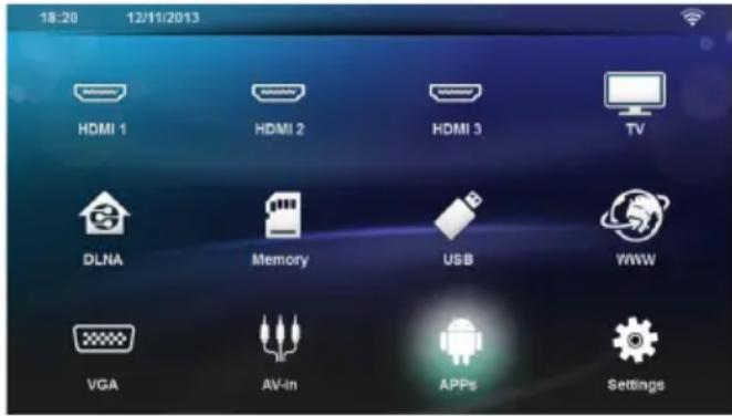 18:20 12/11/2013 HDMI 1 HDMI 2 HDMI 3 TV DLNA Memory USB WWW VGA AV-in APPs Settings