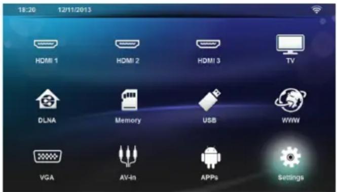 18:20 12/11/2013 HDMI 1 HDMI 2 HDMI 3 TV DLNA Memory USB WWW VGA AV-In APPs Settings