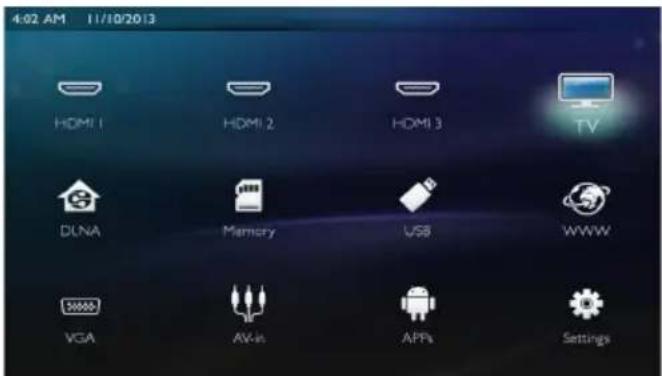 4:02 AM 11/10/2013 HDMI 1 HDMI 2 HDMI 3 TV DLNA Memory USB WWW VGA AV-In APPS Settings