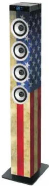 Vertical tower with American flag design and four circular speakers, no visible text or symbols