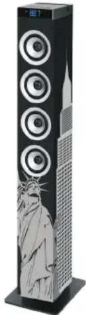 Illustration of a tall, multi-tiered tower with circular speakers and a stylized statue on the base (no text or symbols visible)