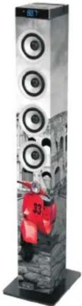 Exterior view of a tall, multi-tiered tower with circular speakers and a red scooter figure (no visible text or symbols)