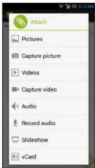 Attach Pictures Capture picture Videos Capture video Audio Record audio Slideshow vCard