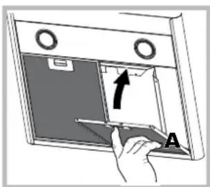 Diagram showing a hand inserting a device into a labeled box, with an arrow indicating direction and label 'A'