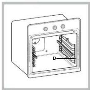 Technical line drawing of a microwave oven with internal structure and labeled component D (no text or symbols beyond label)